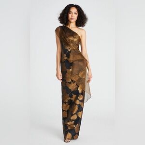 Theia One-Shoulder Bronze and Gold Floral Gown